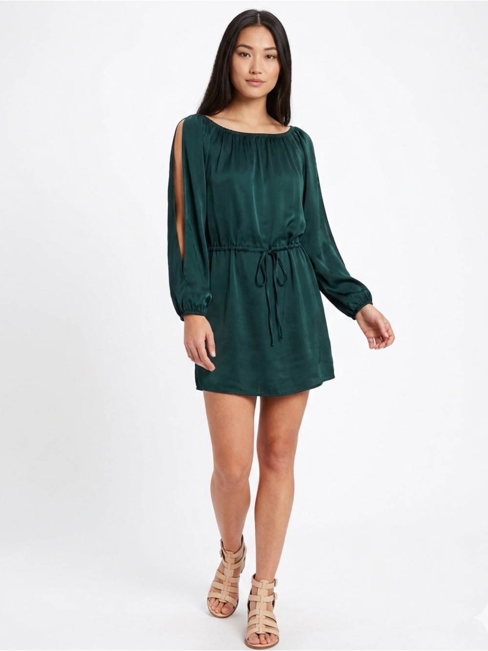 Chaser Silk Charmeuse Deep Green Off-Shoulder Slit/Open Sleeve Dress Size Medium